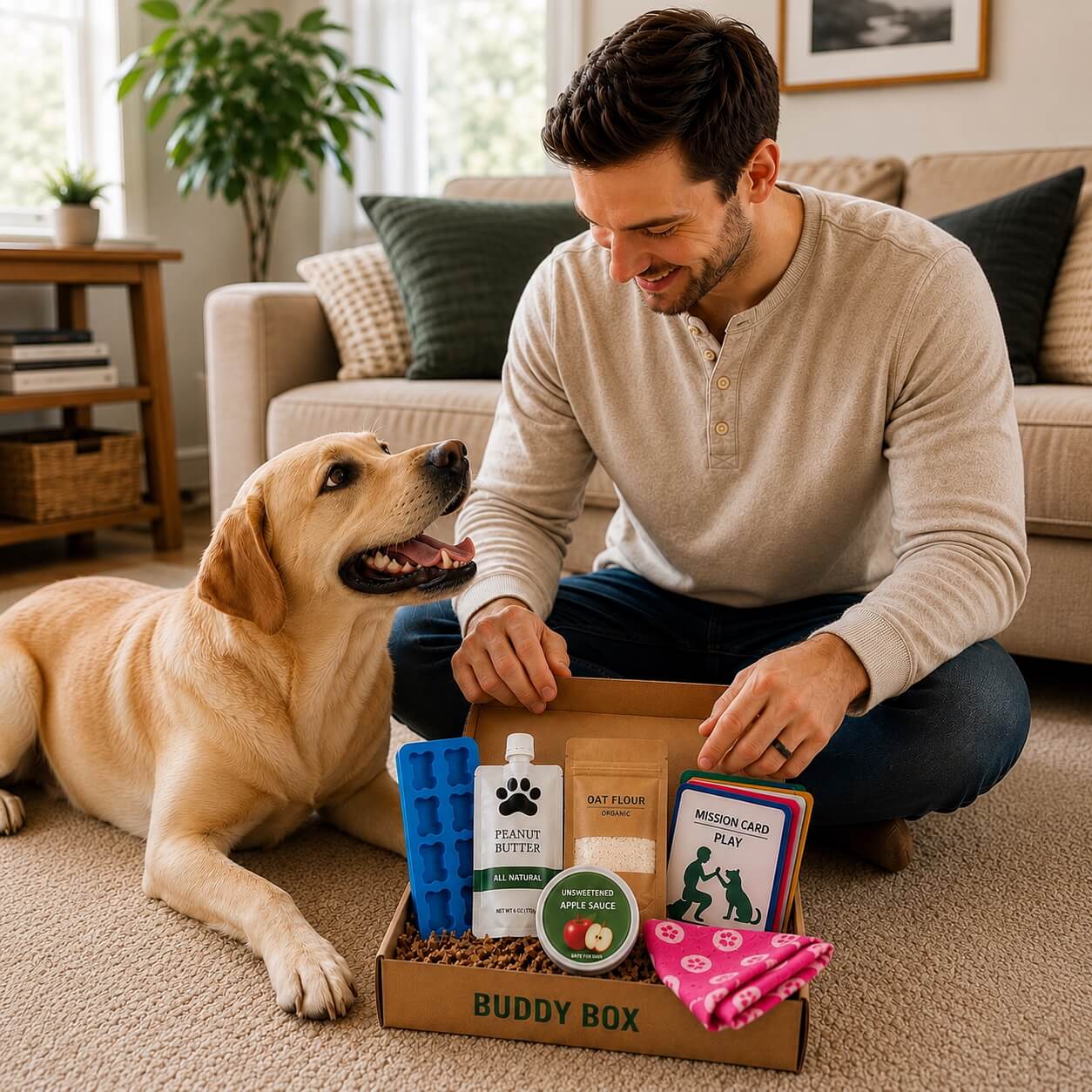 Opening the Buddy Box kit with a dog nearby